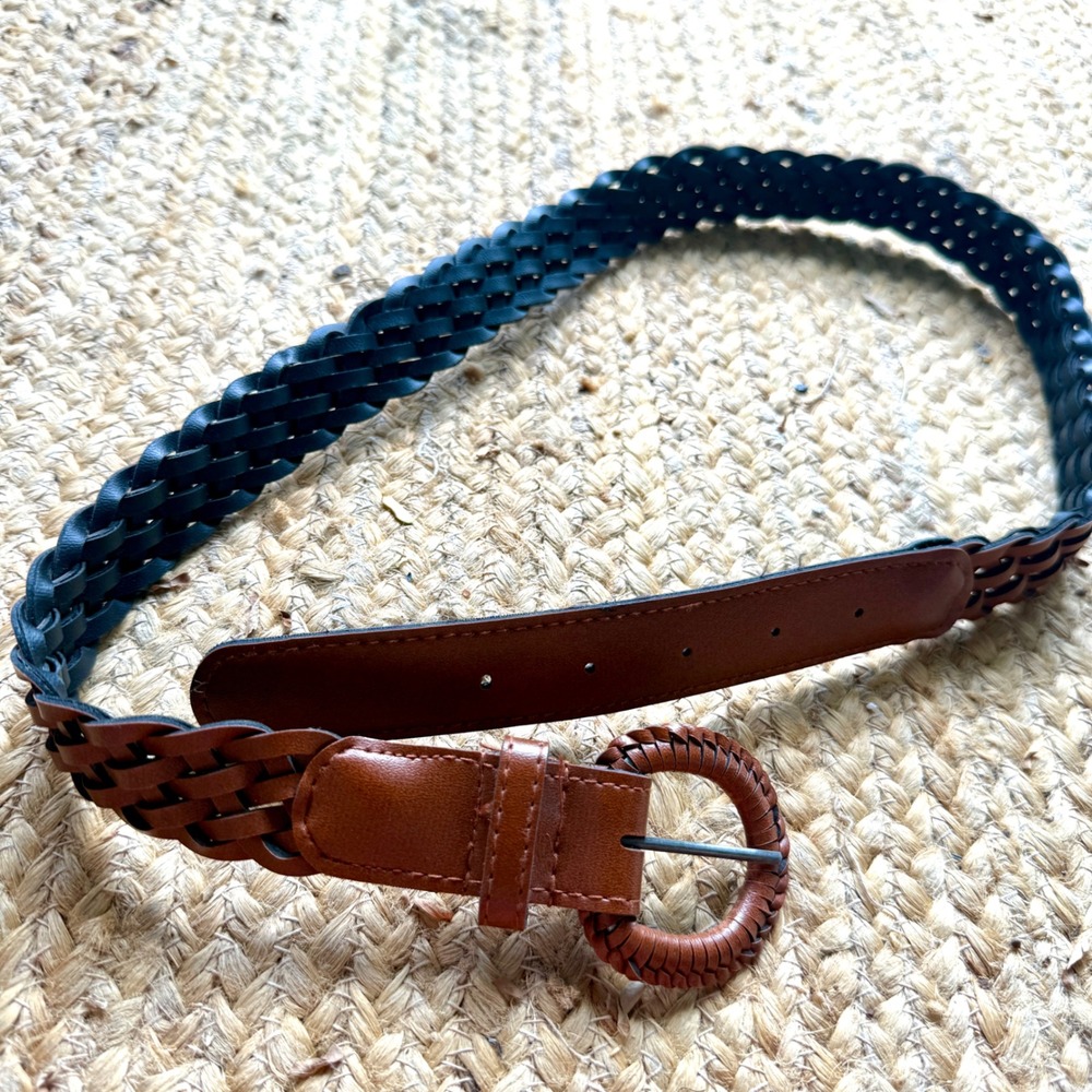 Two Tone Braided Woven Belt Brown Black Faux Leather Round Buckle Boho 37 Inch
